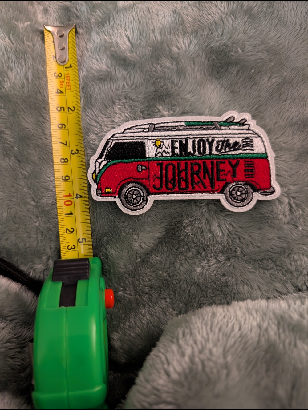 Red VW-Style Camper Van Embroidered Iron On Patch - 'Enjoy the Journey'